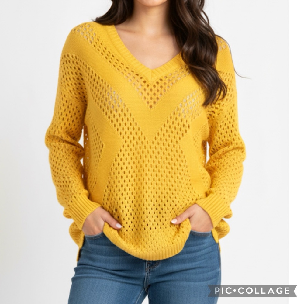 Two by Vince Camuto Sweater Mustard Yellow Open Weave Knit S Boho V-Neck
